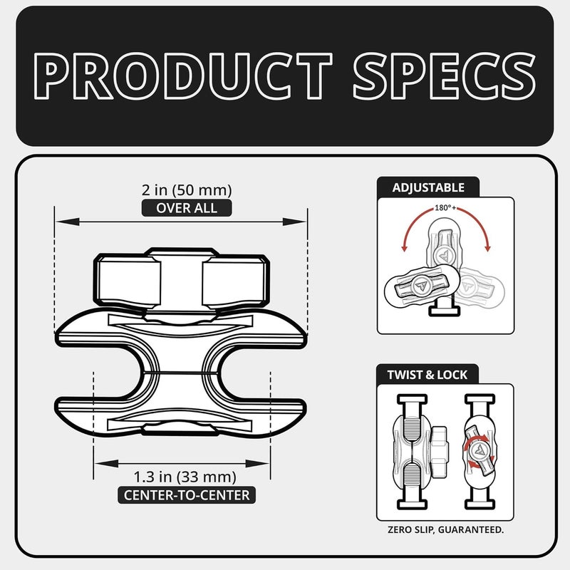tackform Chrome 2" Long Metal 20mm Ball and Socket Arm | DuraLock 20 Series | Dual 20mm Sockets with Optional Anti-Theft Knob - Image 5